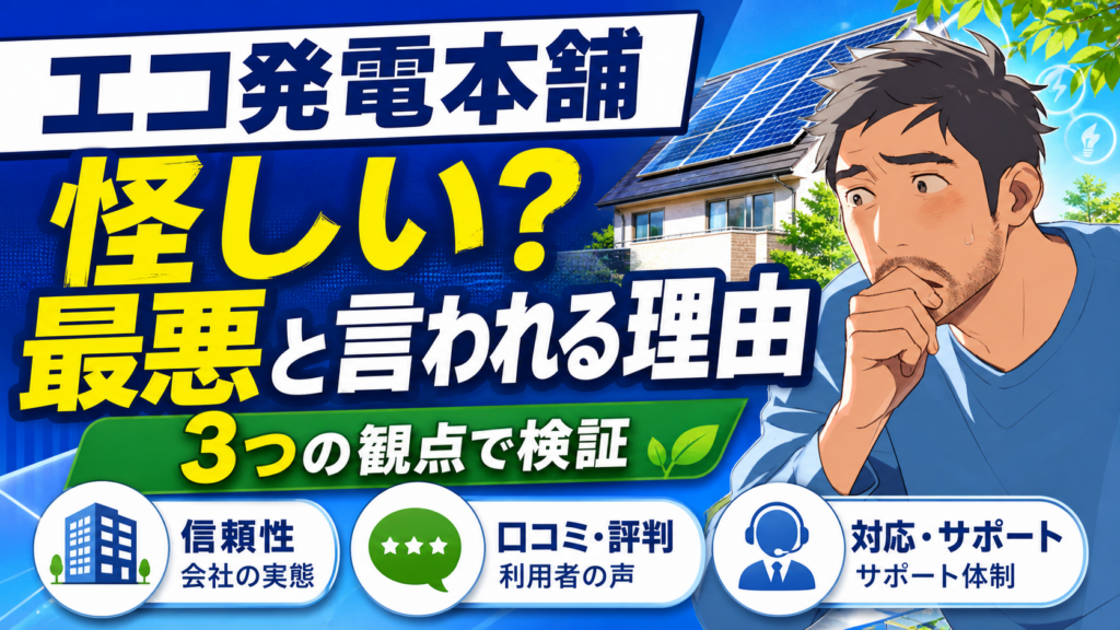 佐藤さんが不安そうに考える横で、太陽光パネル付き住宅を背景にエコ発電本舗が怪しい・最悪と言われる理由を3つの観点で検証する画像