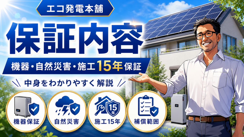 松本さんが笑顔で説明し、太陽光パネル付き住宅と蓄電池を背景に、エコ発電本舗の保証内容を機器保証・自然災害補償・施工15年保証・補償範囲の4項目でわかりやすく整理して紹介するアイキャッチ画像