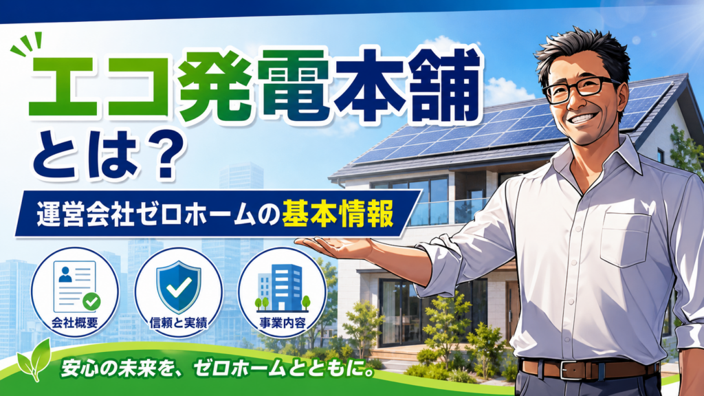 松本さんが太陽光パネル付き住宅を背景に、エコ発電本舗とは何かと運営会社ゼロホームの会社概要・信頼性・事業内容を解説する画像
