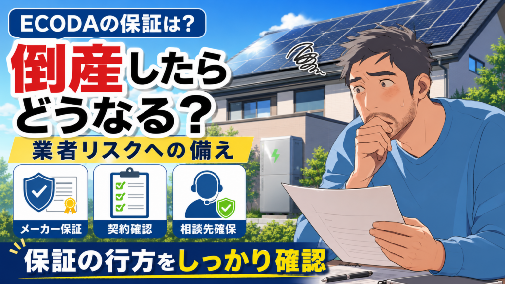 ECODAが倒産した場合の保証リスクを解説する画像。佐藤さんが書類を見ながら、メーカー保証・契約確認・相談先確保など業者リスクへの備えを紹介している。