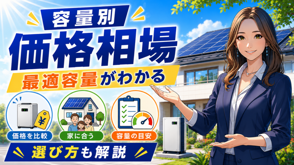 ECODAの蓄電池について、森川さんが容量別の価格相場、最適容量の選び方、家庭に合う容量目安を太陽光住宅とともに解説する画像