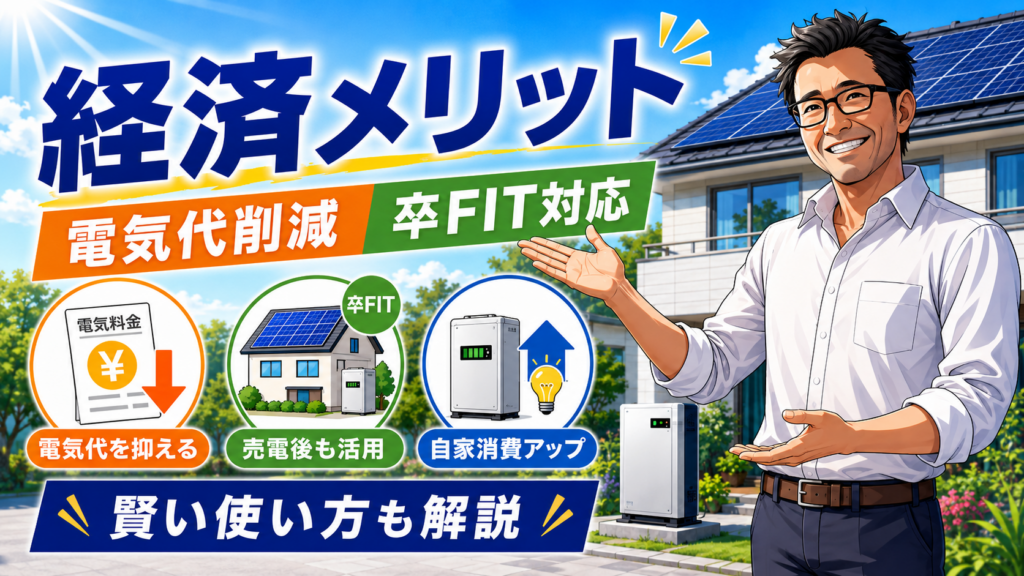 ECODAの蓄電池の経済メリットを、松本さんが電気代削減・卒FIT対応・売電後の活用・自家消費アップとともに解説する画像