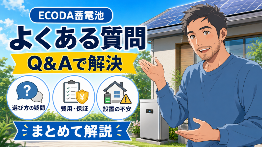 ECODAの蓄電池に関するよくある質問を、佐藤さんが選び方の疑問、費用・保証、設置の不安などQ&A形式でわかりやすく解説する画像