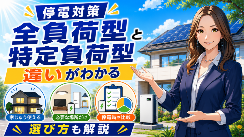 ECODAの蓄電池について、森川さんが全負荷型と特定負荷型の違い、停電時に家じゅう使える範囲や必要な場所だけ使う選び方を解説する画像