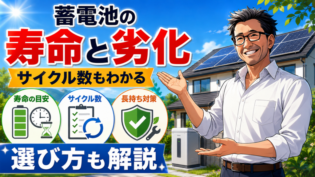 ECODAの蓄電池について、松本さんが寿命と劣化、サイクル数の目安、長持ちさせる対策や選び方を太陽光住宅とともに解説する画像