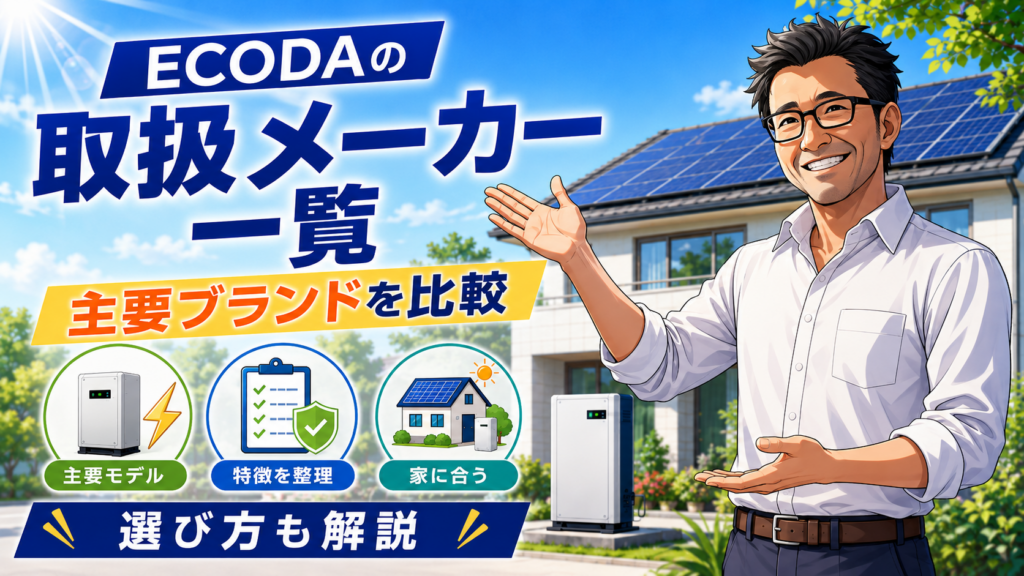 ECODAの蓄電池取扱メーカー一覧を紹介する画像。松本さんが右側で案内し、左側に主要ブランド比較、主要モデル、特徴整理、家に合う選び方を大きく表示し、背景には太陽光付き住宅と蓄電池が描かれている