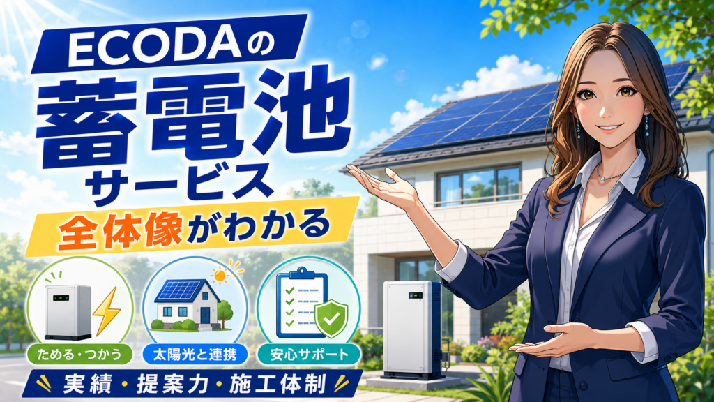 ECODAの蓄電池サービス全体像を、森川さんが太陽光連携・蓄電池の活用・安心サポート・施工体制とともに解説する画像