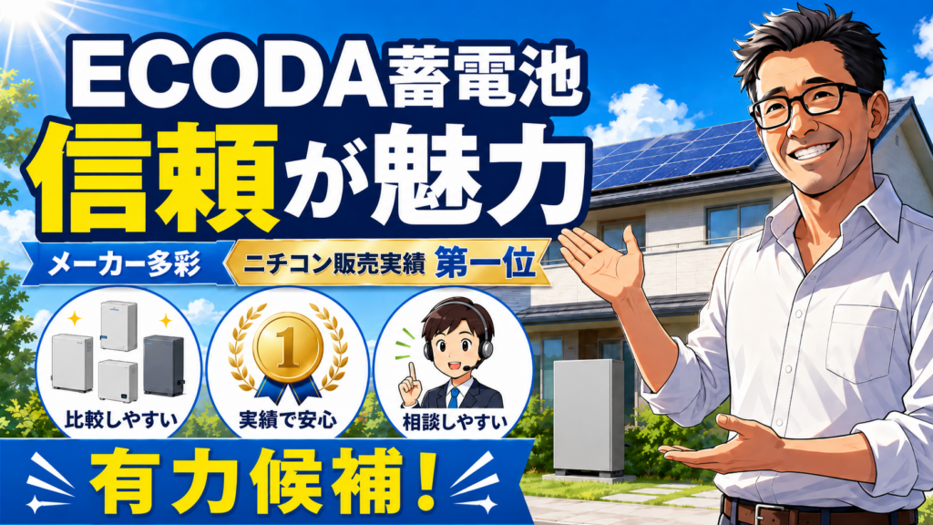 ECODAの蓄電池について、松本さんがメーカーの多様性、ニチコン販売実績第一位の信頼性、比較しやすさや相談しやすさをまとめて解説する画像