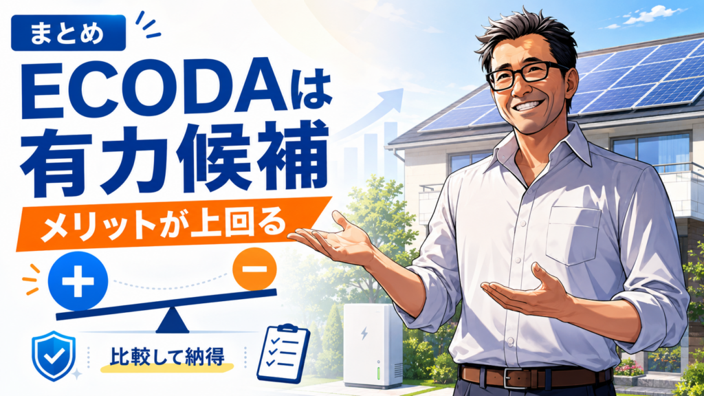 松本さんが右側で案内し、左側に「ECODAは有力候補」「メリットが上回る」とプラス・マイナスの比較アイコンを配置したまとめ画像