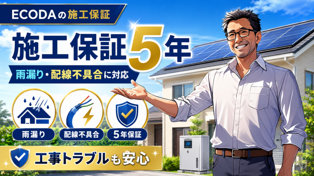 ECODAの施工保証を解説する画像。松本さんが太陽光パネル付き住宅の前で、雨漏りや配線不具合に対応する5年保証の安心感を紹介している。