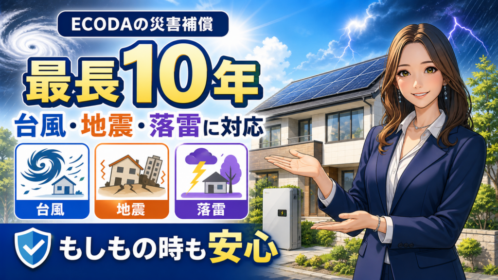 ECODAの自然災害補償を解説する画像。森川さんが太陽光パネル付き住宅の前で、最長10年の補償と台風・地震・落雷への対応を紹介している。