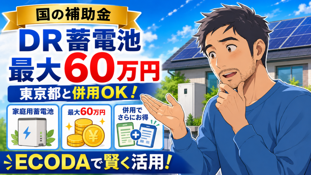 佐藤さんが国のDR家庭用蓄電池補助金を解説する画像。最大60万円の支援や東京都補助金との併用メリットを示している。