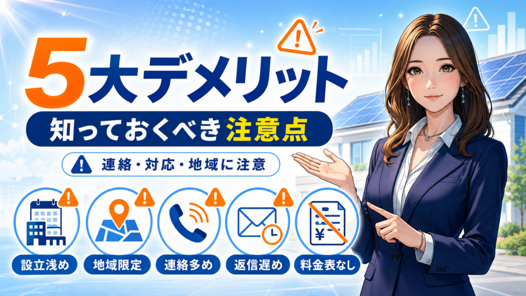 森川さんが右側で注意点を案内し、左側に「5大デメリット」と設立浅め・地域限定・連絡多め・返信遅め・料金表なしのアイコンを配置した画像