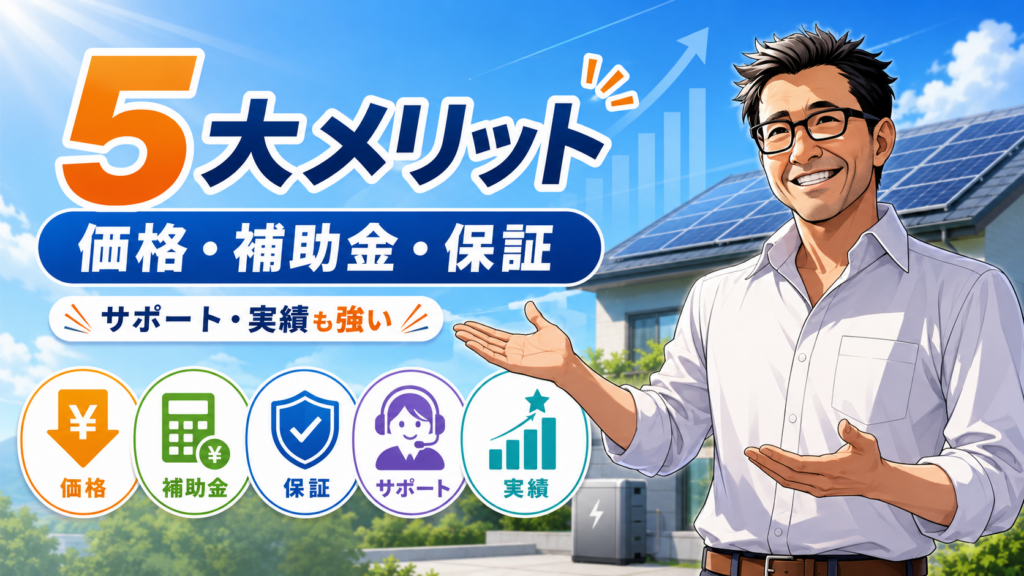 松本さんが右側で案内し、左側に「5大メリット」と価格・補助金・保証・サポート・実績の各アイコンを配置した、ECODAの強みをわかりやすく示す画像
