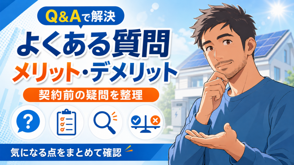 佐藤さんが右側で考えながら案内し、左側に「よくある質問」「メリット・デメリット」とQ&A・チェックリスト・検索・比較のアイコンを配置した画像