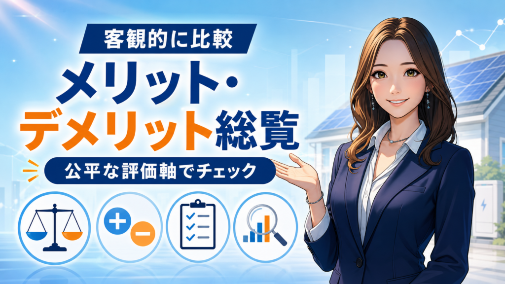 森川さんが右側で案内し、左側に「メリット・デメリット総覧」「公平な評価軸でチェック」の大きな見出しと比較・チェックのアイコンを配置し、太陽光付き住宅を背景にECODAの評価軸を示した画像