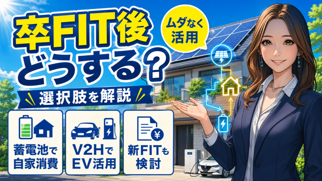 ECODAの太陽光発電における卒FIT後の選択肢を紹介するアニメ風インフォグラフィック画像。森川さんが、蓄電池で自家消費、V2HでEV活用、新FITの検討という活用法を、太陽光付き住宅とEVの背景でわかりやすく解説している