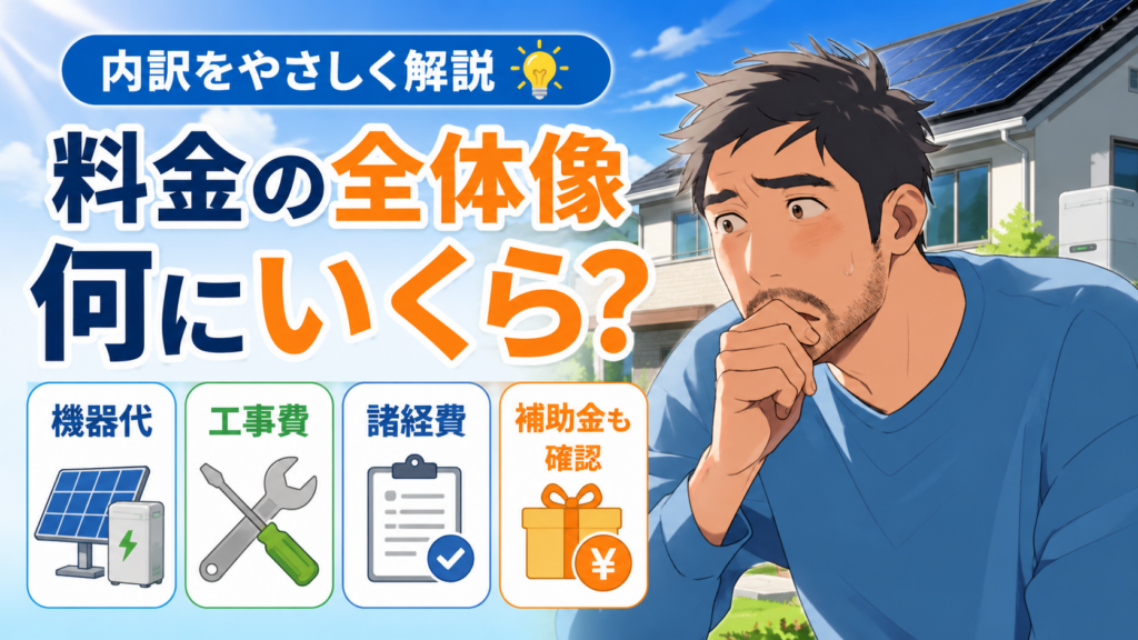 ECODAの料金体系を解説する画像。太陽光パネル付き住宅を背景に、佐藤さんが機器代・工事費・諸経費・補助金確認の内訳を見て悩んでいる。