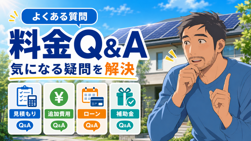 ECODAの料金に関するよくある質問を解説する画像。太陽光パネル付き住宅を背景に、佐藤さんが見積もり・追加費用・ローン・補助金の疑問をQ&A形式でわかりやすく案内している。