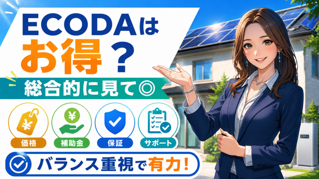 ECODAの料金は総合的に見てお得とまとめた画像。太陽光パネル付き住宅を背景に、森川さんが価格・補助金・保証・サポートのバランスの良さを案内している。