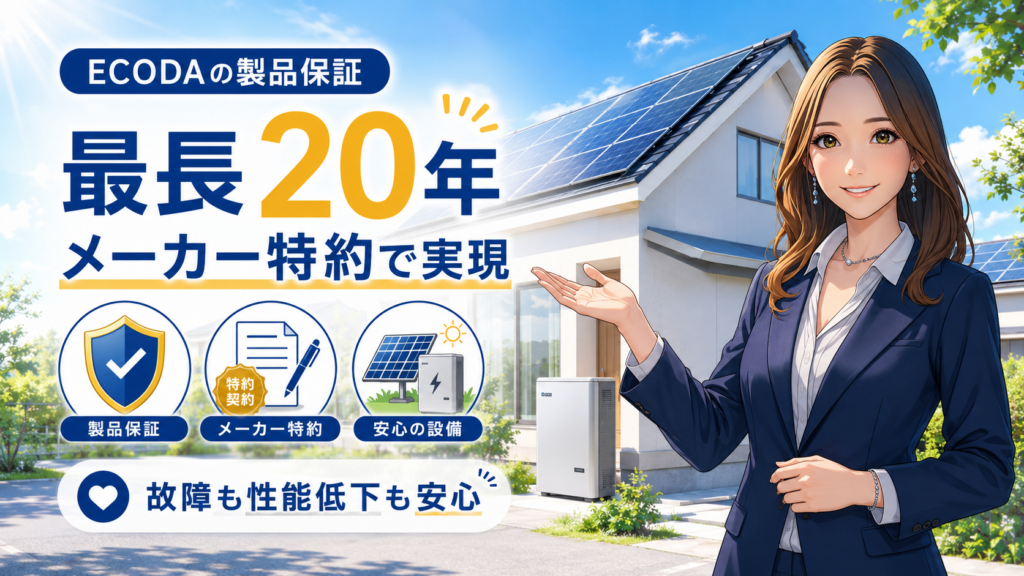 ECODAの製品保証を解説する画像。森川さんが太陽光パネルと蓄電池の前で、最長20年保証とメーカー特約による安心感を紹介している。