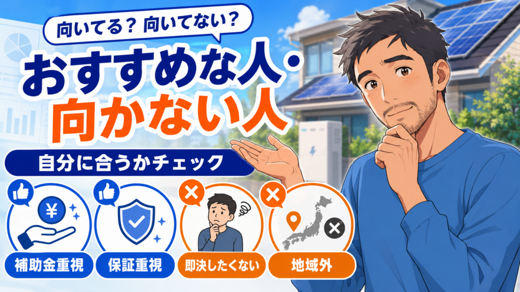 佐藤さんが右側で考えながら案内し、左側に「おすすめな人・向かない人」と補助金重視・保証重視・即決したくない・地域外の判断アイコンを配置した画像
