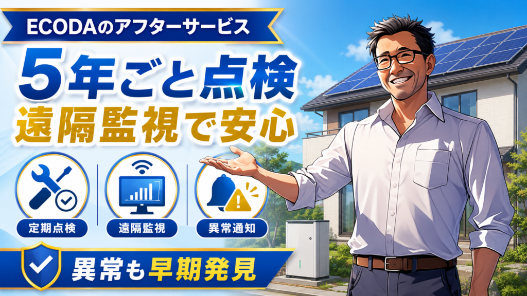 ECODAのアフターサービスを解説する画像。松本さんが太陽光パネル付き住宅の前で、5年ごとの定期点検と遠隔監視による異常の早期発見を紹介している。