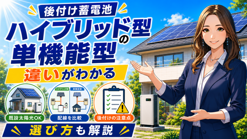 ECODAの蓄電池後付けについて、森川さんが既設太陽光への対応、ハイブリッド型と単機能型の違い、配線比較、後付け時の注意点と選び方を解説する画像