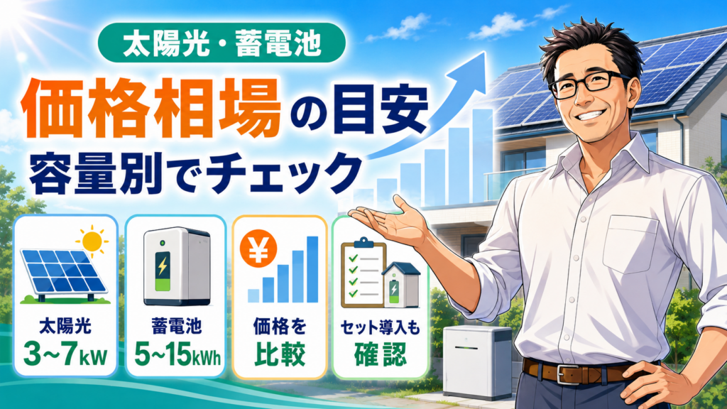ECODAの太陽光発電と蓄電池の価格相場を容量別に紹介する画像。太陽光付き住宅を背景に、松本さんが3〜7kWや5〜15kWhの目安と価格比較ポイントを案内している。