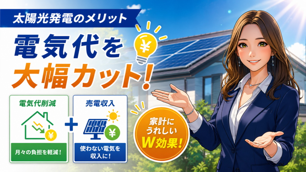 ECODAの太陽光発電の経済メリットを紹介するアニメ風インフォグラフィック画像。森川さんが、電気代削減と売電収入のダブル効果を、太陽光パネル付き住宅とアイコンを使ってわかりやすく案内している