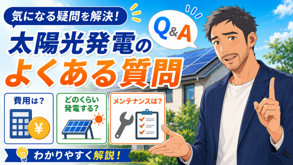 ECODAの太陽光発電に関するよくある質問を解説するアニメ風インフォグラフィック画像。佐藤さんが費用、発電量、メンテナンスの疑問にわかりやすく答えている