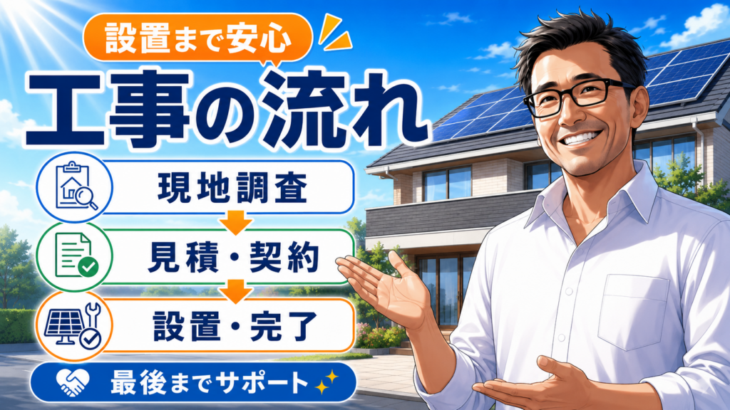 ECODAの太陽光発電の設置工事の流れを解説するアニメ風インフォグラフィック画像。松本さんが現地調査、見積・契約、設置完了、最後までのサポートをわかりやすく案内している