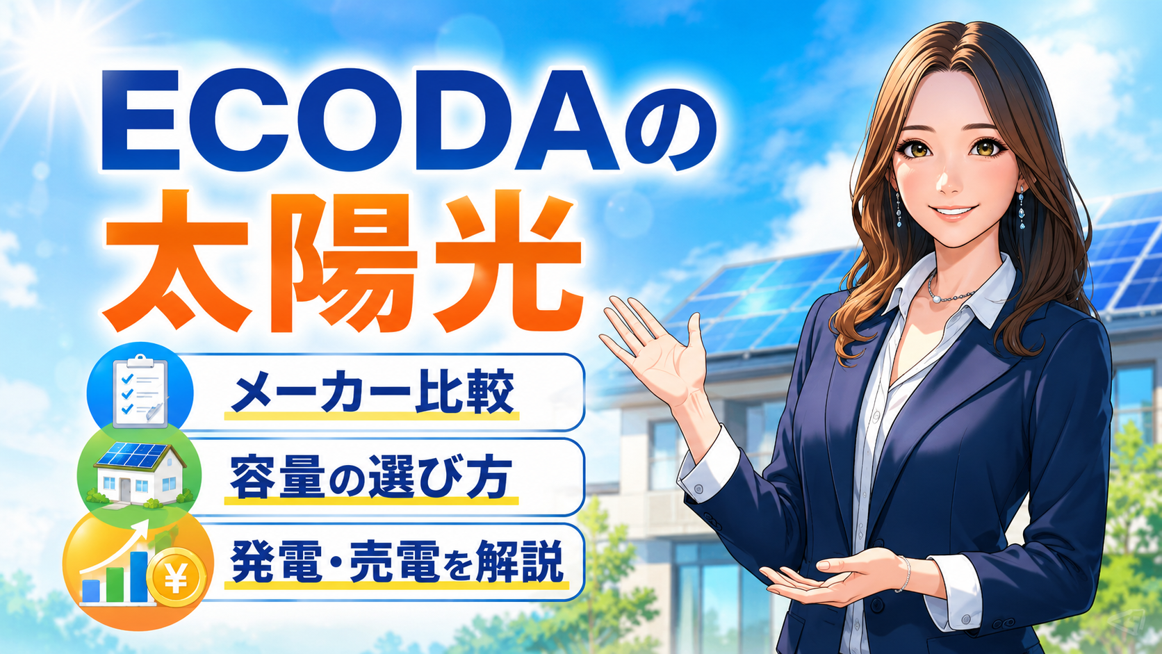 ECODAの太陽光発電について、森川さんがメーカー比較・容量の選び方・発電や売電収入のポイントを解説するアニメ風インフォグラフィック画像