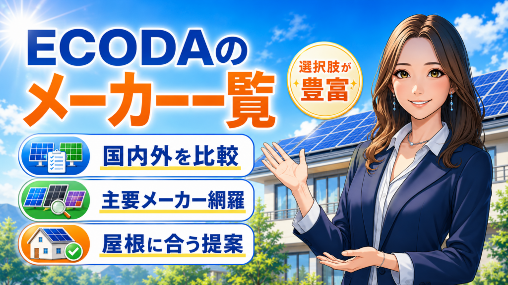 ECODAが取扱う太陽光パネルメーカー一覧を、森川さんが国内外比較・主要メーカー網羅・屋根に合う提案として解説するアニメ風画像