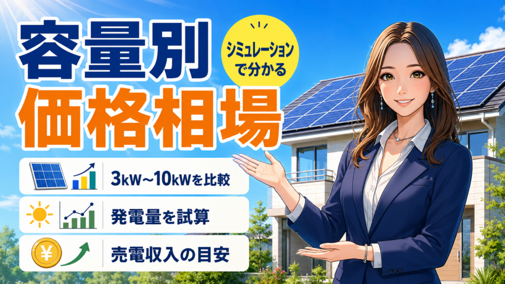 ECODAの太陽光発電について、森川さんが容量別の価格相場を案内し、3kW〜10kWの比較、発電量シミュレーション、売電収入の目安をわかりやすく解説しているアニメ風インフォグラフィック画像