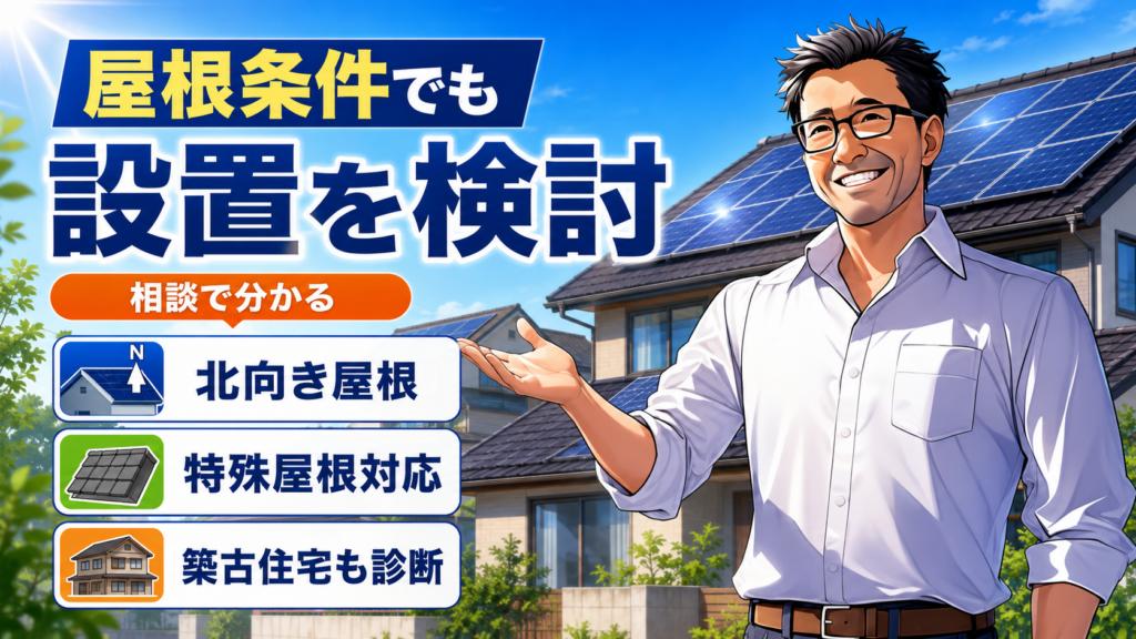 ECODAの太陽光発電について、松本さんが屋根条件別の設置可能性を解説するアニメ風インフォグラフィック画像。北向き屋根、特殊屋根、築古住宅でも相談次第で設置を検討できることを、太陽光パネル付き住宅を背景にわかりやすく示している