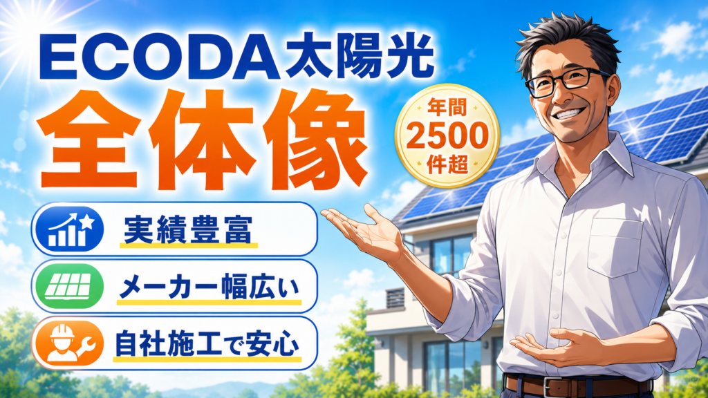 ECODAの太陽光発電サービスの全体像を、松本さんが実績豊富・幅広いメーカー対応・自社施工の安心感として解説するアニメ風画像