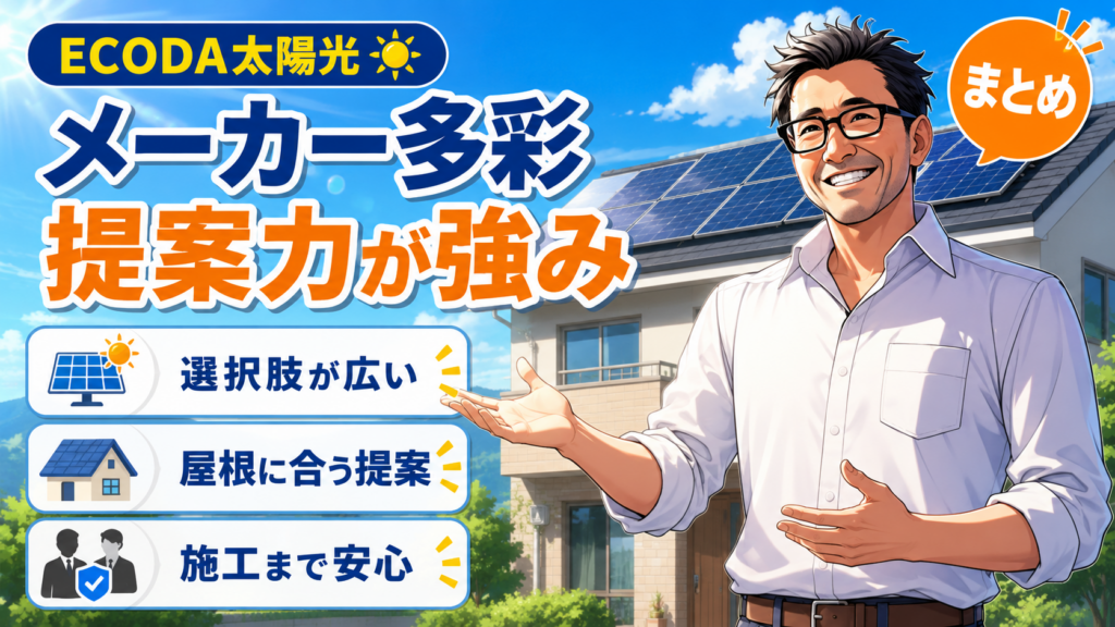 ECODAの太陽光発電のまとめ画像。松本さんがメーカーの選択肢が広いこと、屋根に合う提案力、施工まで安心できる点を太陽光パネル付き住宅の前で解説している