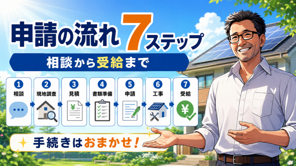 松本さんがECODAの補助金申請の流れを解説する画像。相談、現地調査、見積、書類準備、申請、工事、受給まで7ステップで示している。