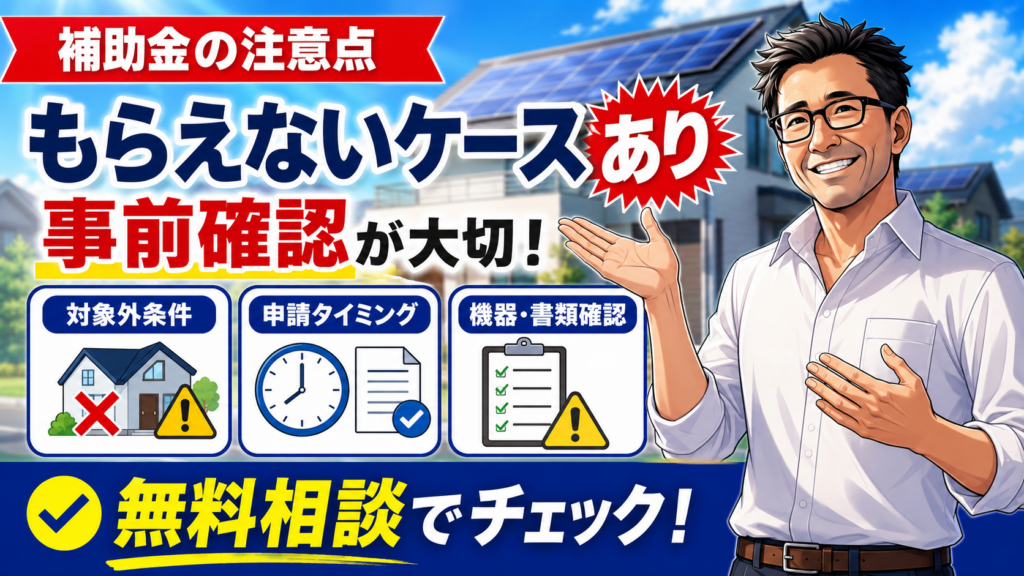 松本さんがECODAの補助金がもらえないケースを解説する画像。対象外条件、申請タイミング、機器や書類確認の重要性を示している。