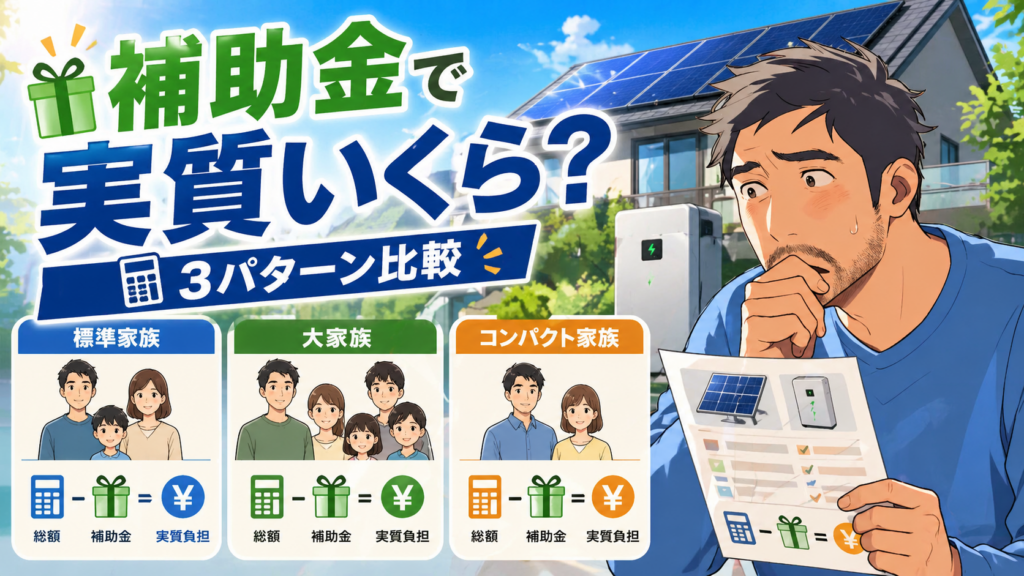 ECODAの補助金活用後の実質負担額を3パターンで比較する画像。太陽光付き住宅を背景に、佐藤さんが標準家族・大家族・コンパクト家族の費用シミュレーションを確認している。