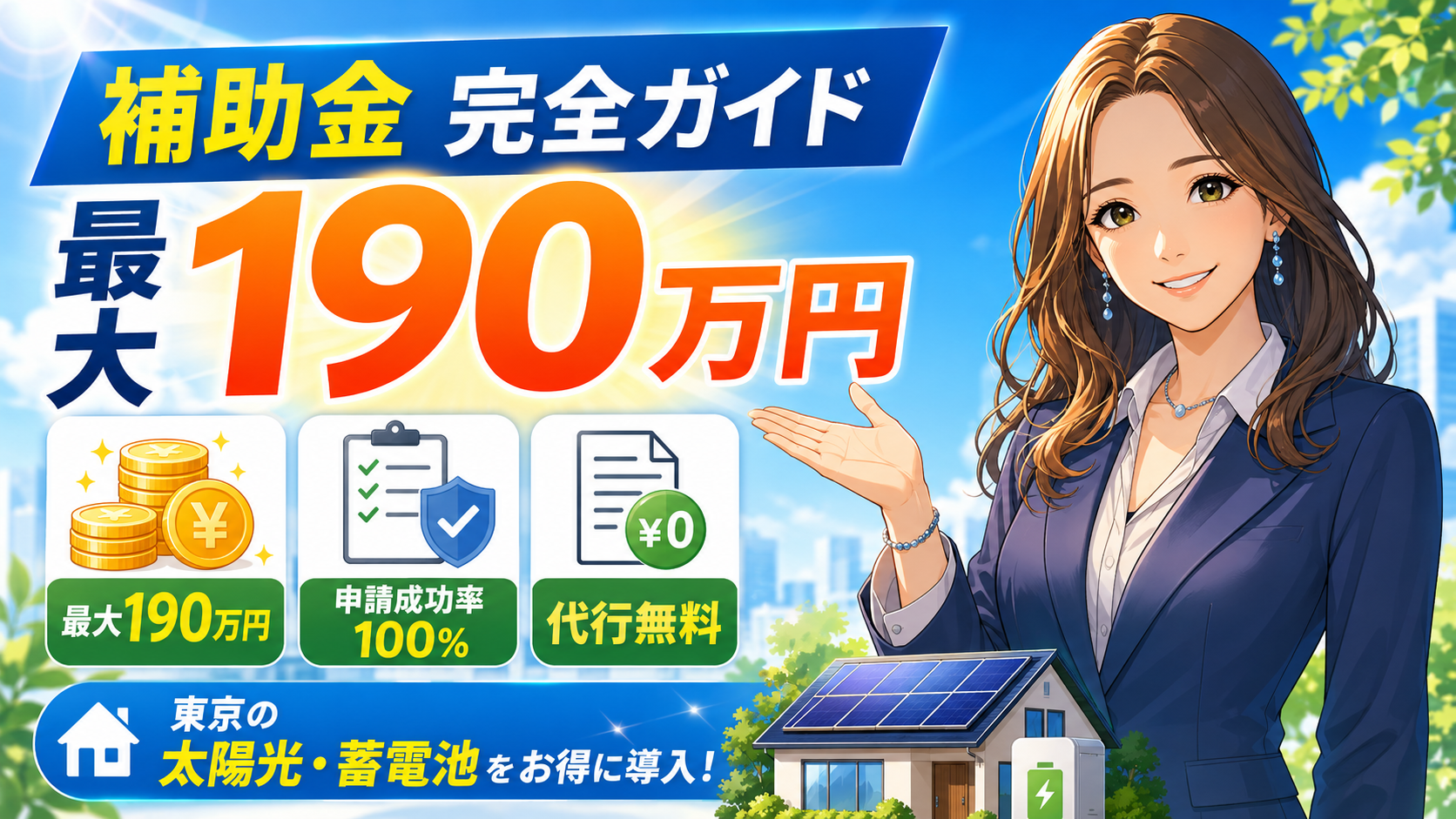 ECODAの補助金サポートを解説する画像。森川さんが太陽光・蓄電池の導入で最大190万円、申請成功率100%、代行無料を案内している。