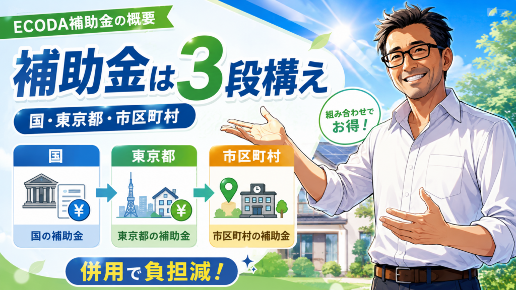 松本さんがECODAで使える補助金の全体像を解説。国・東京都・市区町村の3段構えを組み合わせて負担を減らせることを示している。