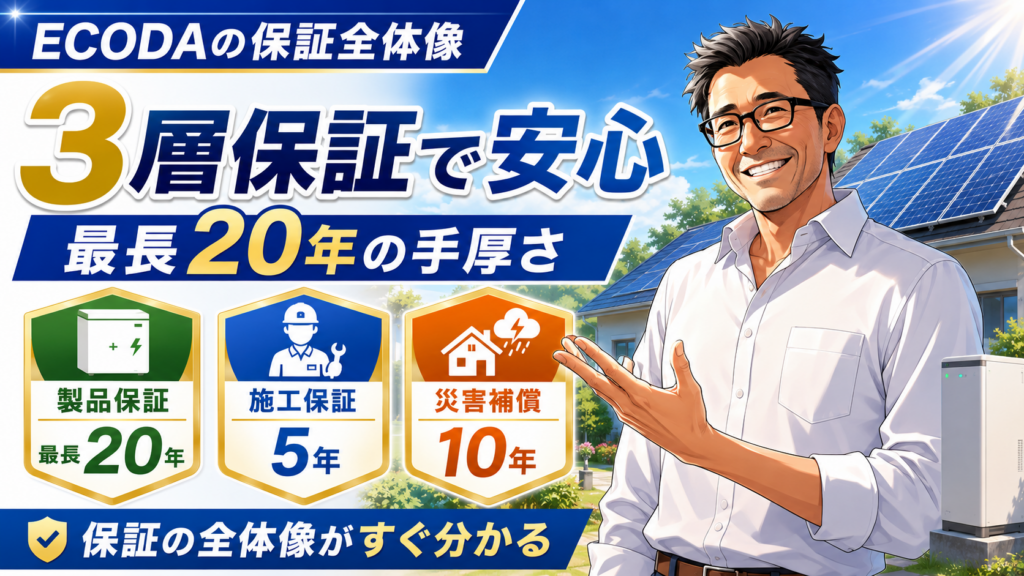 ECODAの保証体系を解説する画像。松本さんが太陽光パネルと蓄電池の前で、製品保証20年・施工保証5年・災害補償10年の3層保証を紹介している。