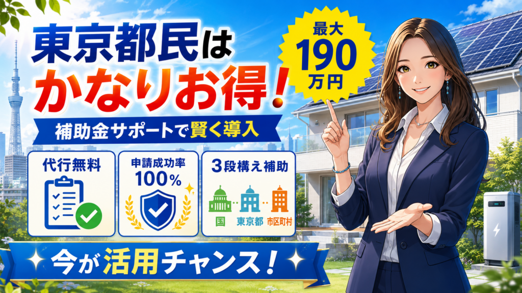 森川さんがECODAの補助金サポートをまとめて解説する画像。東京都民向けに最大190万円、代行無料、成功率100%、3段構え補助を示している。