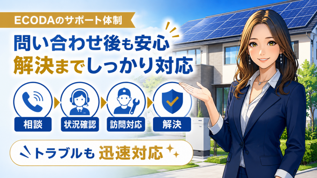 ECODAのトラブル対応の流れを解説する画像。森川さんが太陽光パネル付き住宅の前で、相談・状況確認・訪問対応・解決までの迅速サポートを紹介している。