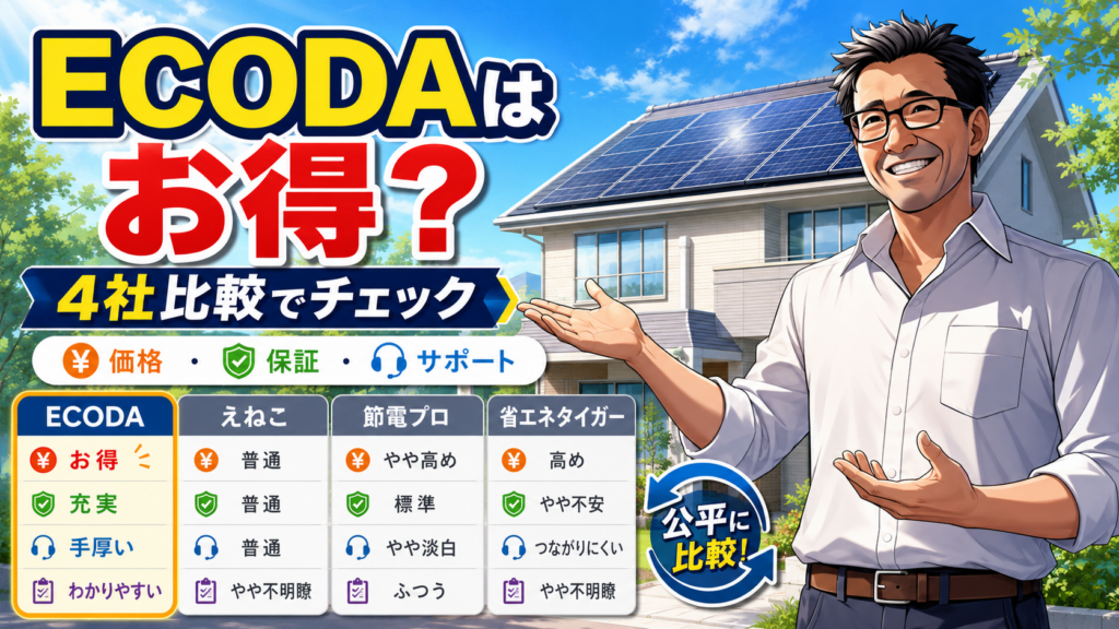 ECODAと他社3社の価格比較を紹介する画像。太陽光パネル付き住宅を背景に、松本さんが価格・保証・サポートを4社比較表でわかりやすく案内している。