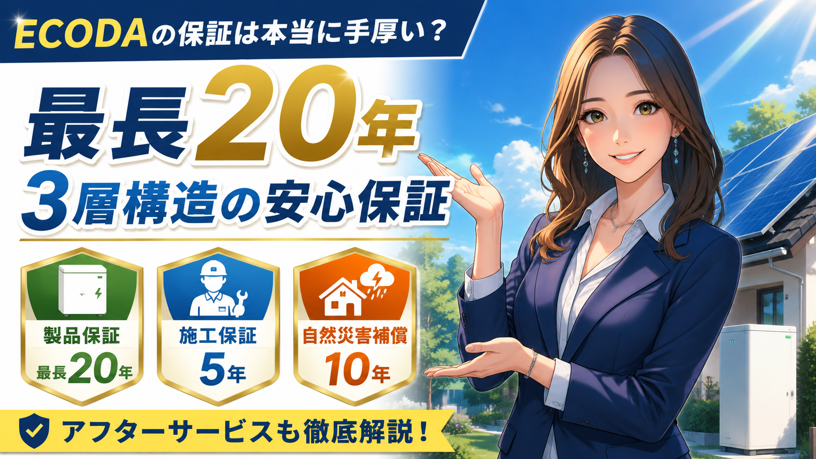 ECODAの保証内容を解説する画像。森川さんが太陽光パネルと蓄電池の前で、最長20年保証・3層構造・アフターサービスの安心感を紹介している。