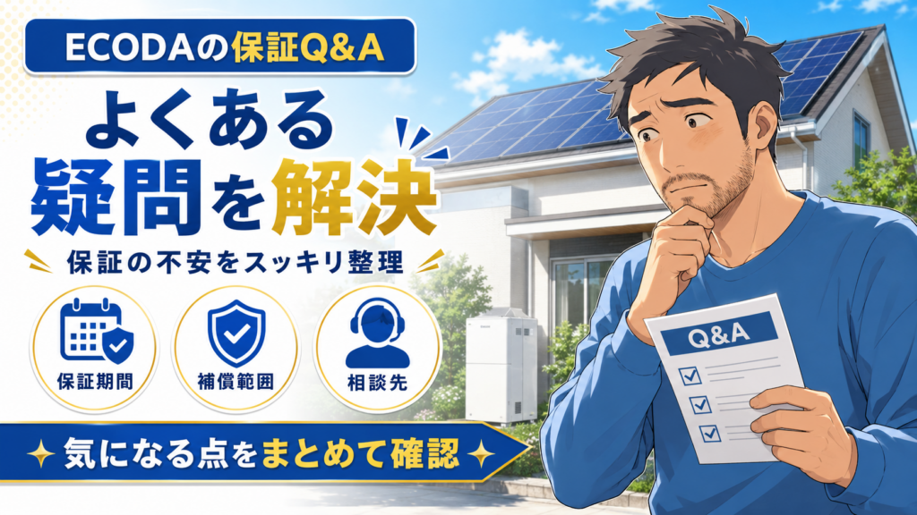 ECODAの保証に関するQ&Aを解説する画像。佐藤さんが太陽光パネル付き住宅の前で、保証期間・補償範囲・相談先などよくある疑問を確認している。