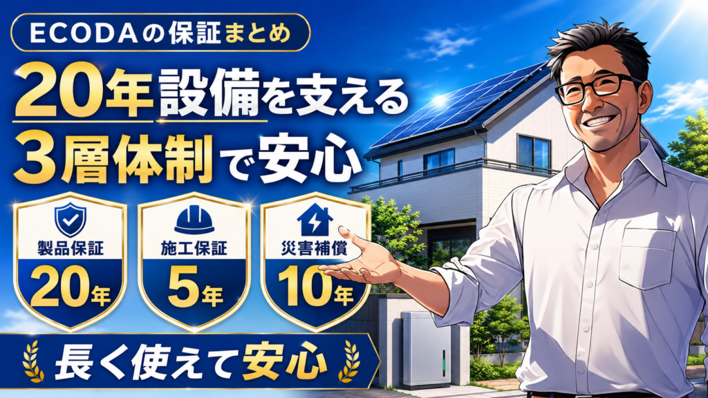 ECODAの保証内容をまとめた画像。松本さんが太陽光パネル付き住宅の前で、製品保証20年・施工保証5年・災害補償10年の3層体制による安心感を紹介している。